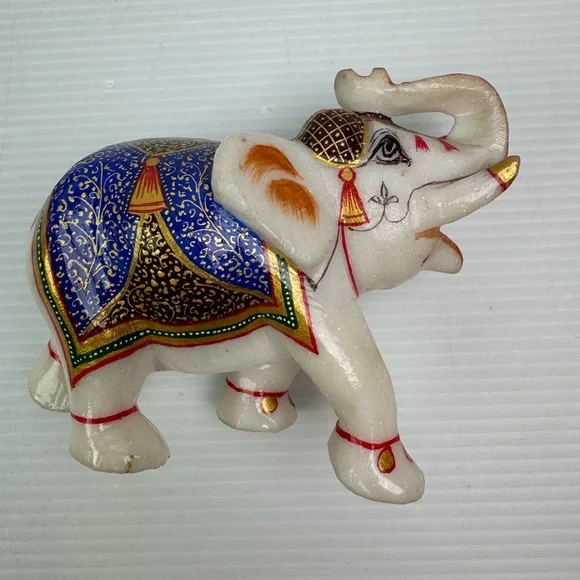 VTG White Marble Trunk Up Stone Hand Painted Elephant StatueHome Decor Gift